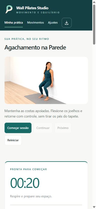 Conheça o Wall Pilates Studio — tela real do aplicativo