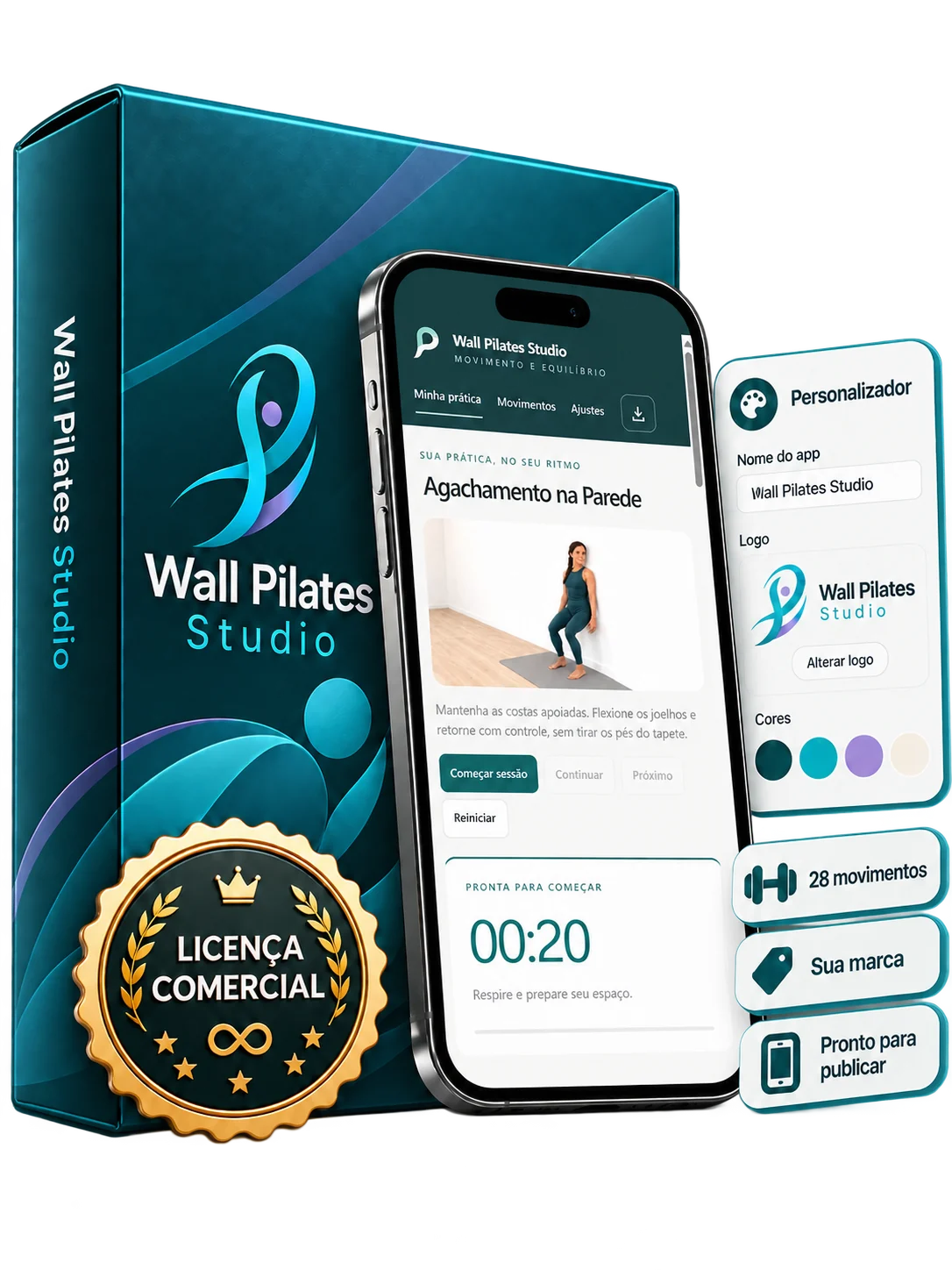Wall Pilates Studio: caixa do produto, aplicativo no celular, personalizador e licença comercial
