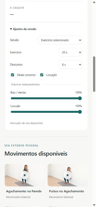 Tela real do aplicativo: ajustes da prática